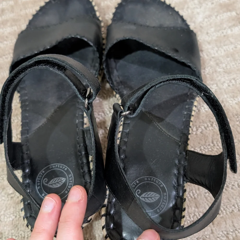 Nurture Black Leather Espadrille Wedge Sandals - Picture 8 of 9